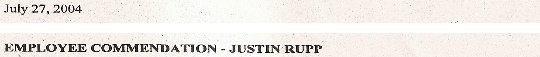 Scanned customer letter excerpt: Employee Commendation – Justin Rupp