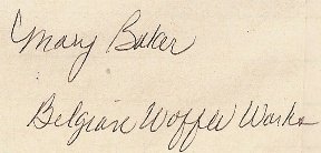 Scanned customer letter excerpt: Mary Baker, Belgian Waffle Works